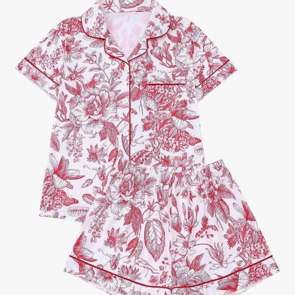 Two piece red floral pajamas set